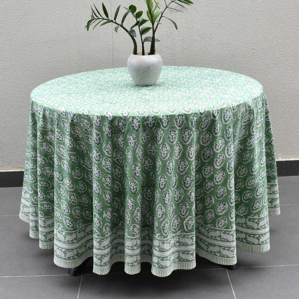 Hand Block Printed Cotton Round Tablecloth 150 cms Boota Celadon Green Gud 100673