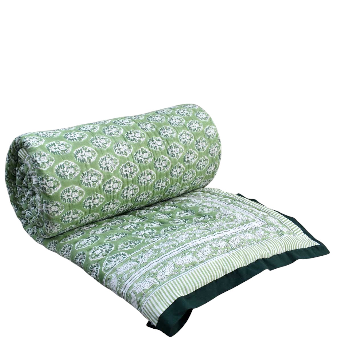 Hand Block Printed Cotton King Size Quilt Boota Celadon Green Gud 100673