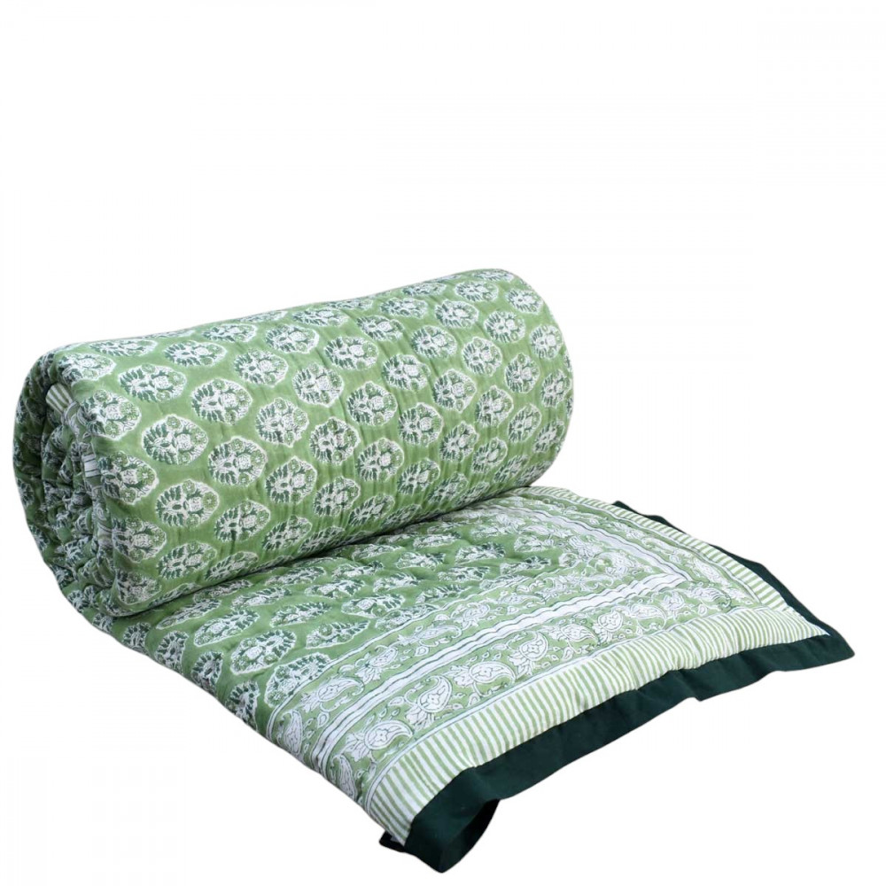 Image of Hand Block Printed Cotton King Size Quilt | Boota Celadon Green Gud 100673