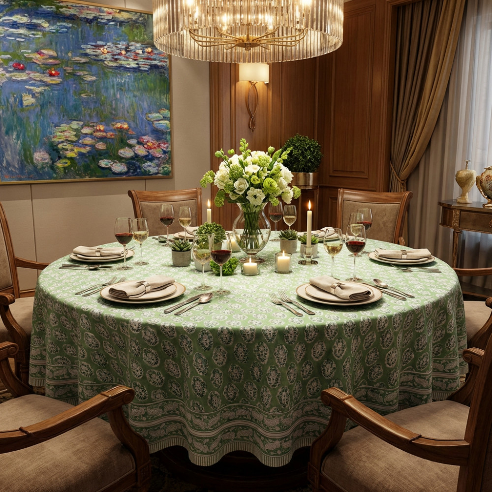 Image of Hand Block Printed Cotton Round Tablecloth 275 cms | Boota Celadon Green Gud 100673