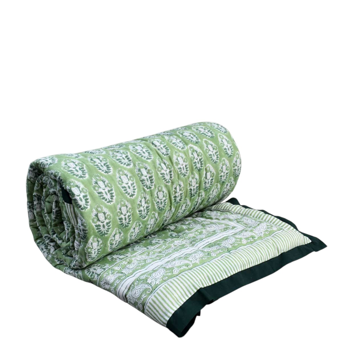 Hand Block Printed Cotton Twin Size Quilt Boota Celadon Green Gud 100673