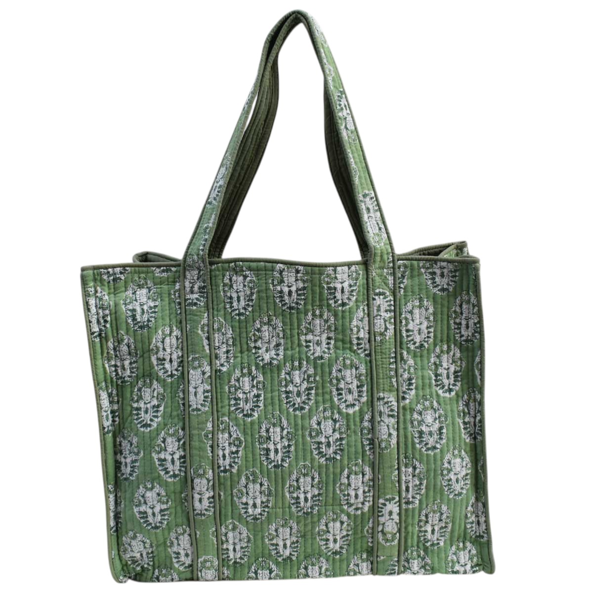 Hand Block Printed Cotton Quilted Tote Bag Boota Celadon Green Gud 100673