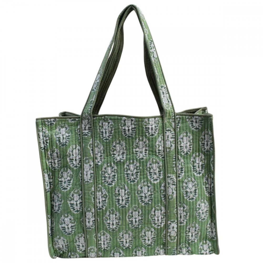 Image of Hand Block Printed Cotton Quilted Tote Bag | Boota Celadon Green Gud 100673