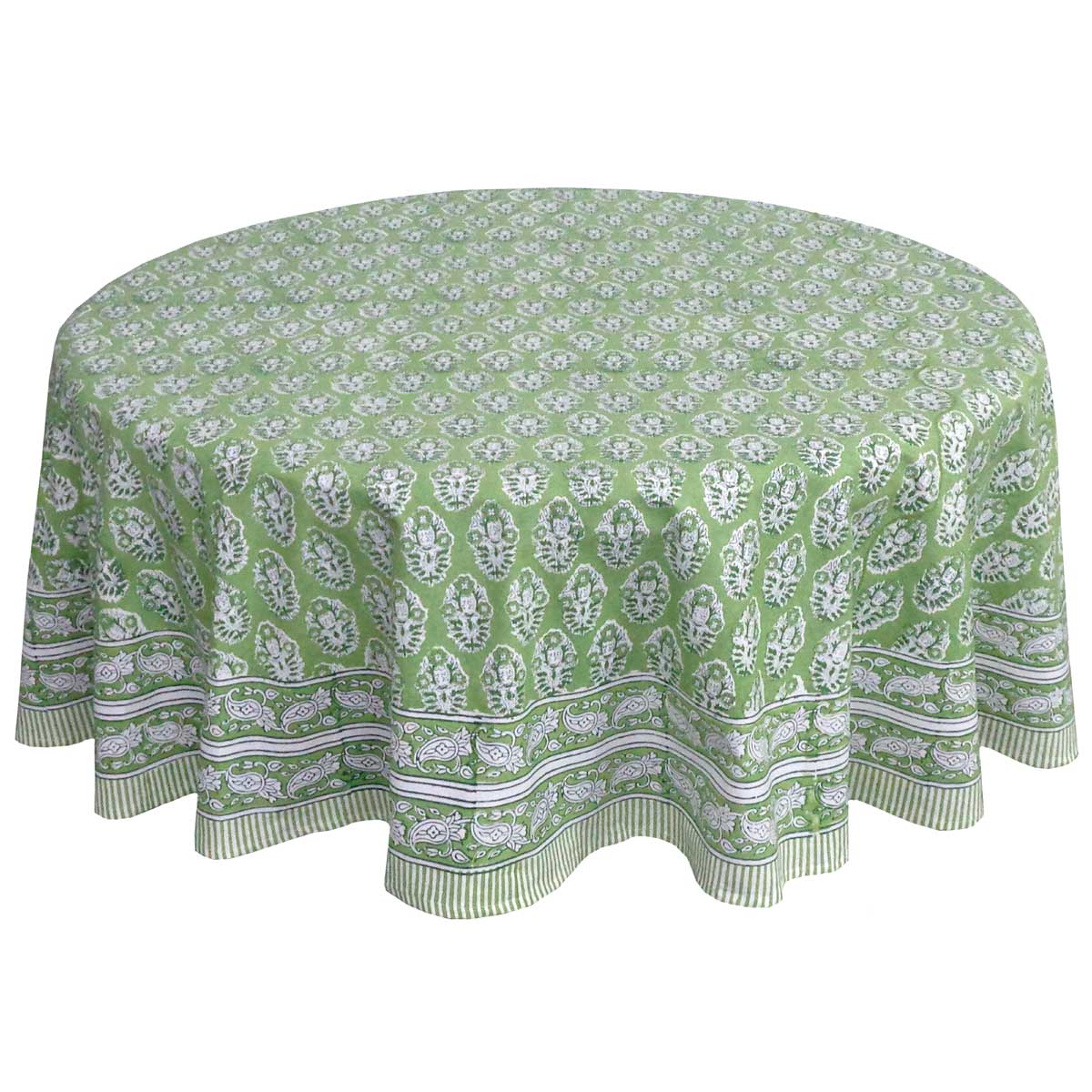 Hand Block Printed Cotton Round Tablecloth 275 cms Boota Celadon Green Gud 100673