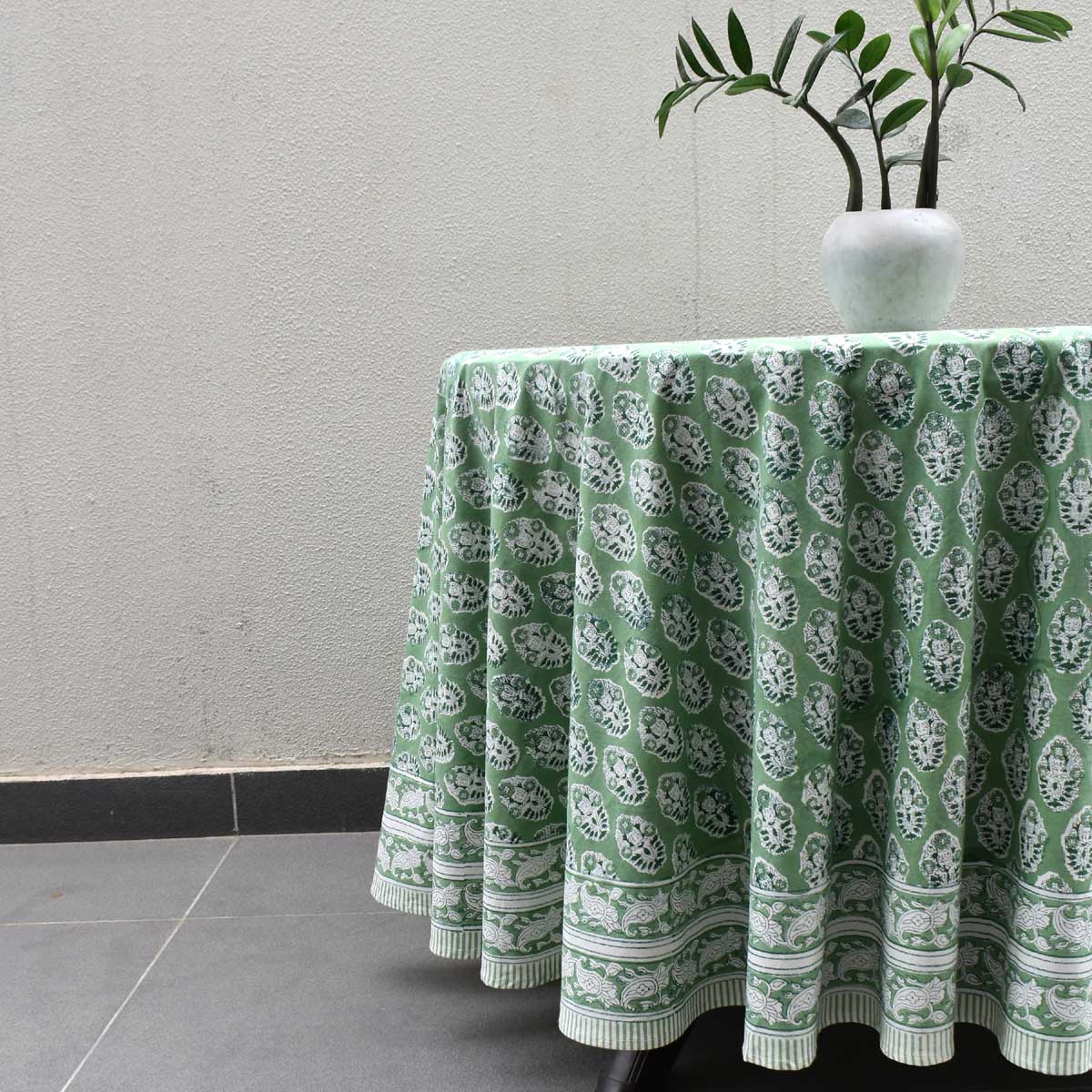 Hand Block Printed Cotton Round Tablecloth 220 cms Boota Celadon Green Gud 100673