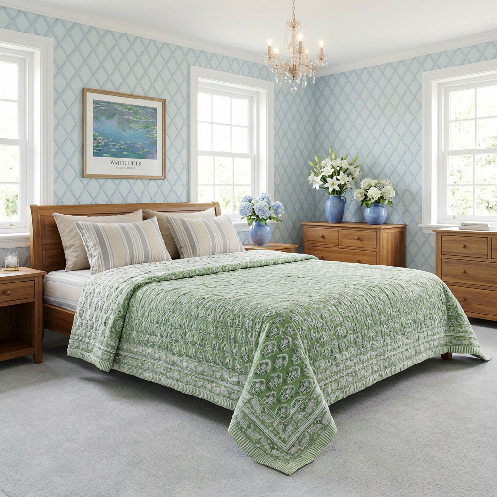 Hand Block Printed Cotton Twin Size Quilt  Boota Celadon Green Gud 100673