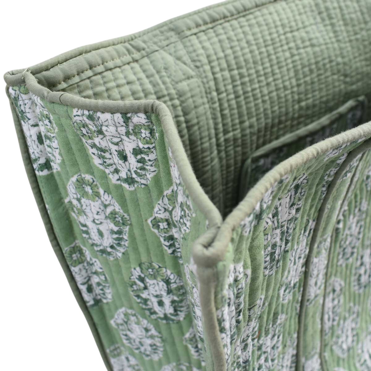 Hand Block Printed Cotton Quilted Tote Bag Boota Celadon Green Gud 100673