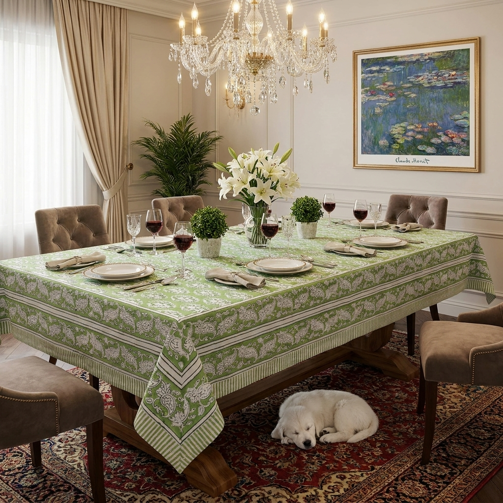 Square Tablecloth in Cotton Hand Block Printed Cotton Tablecloth 150x150 cms Boota Celadon Green Gud 100673