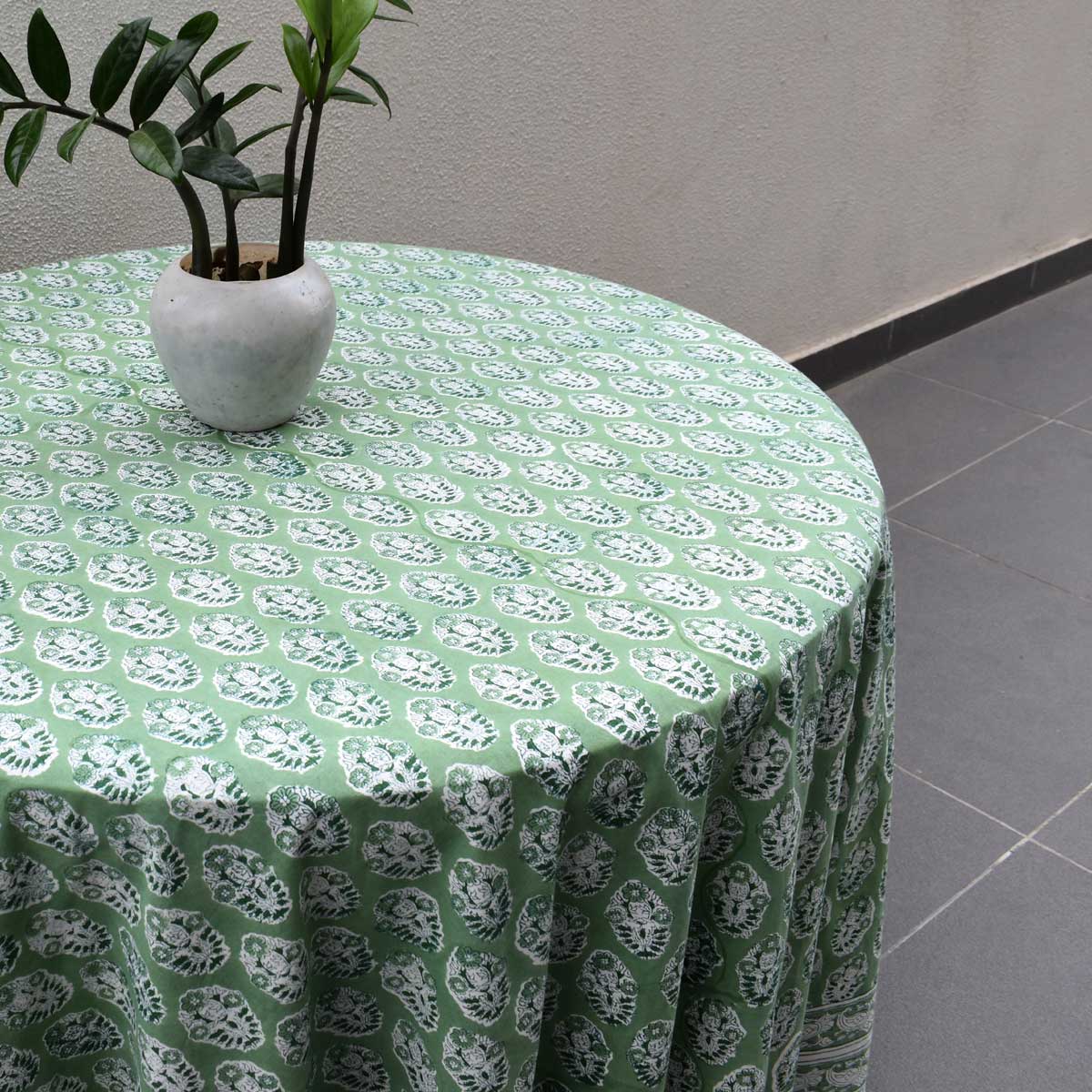 Hand Block Printed Cotton Round Tablecloth 275 cms Boota Celadon Green Gud 100673