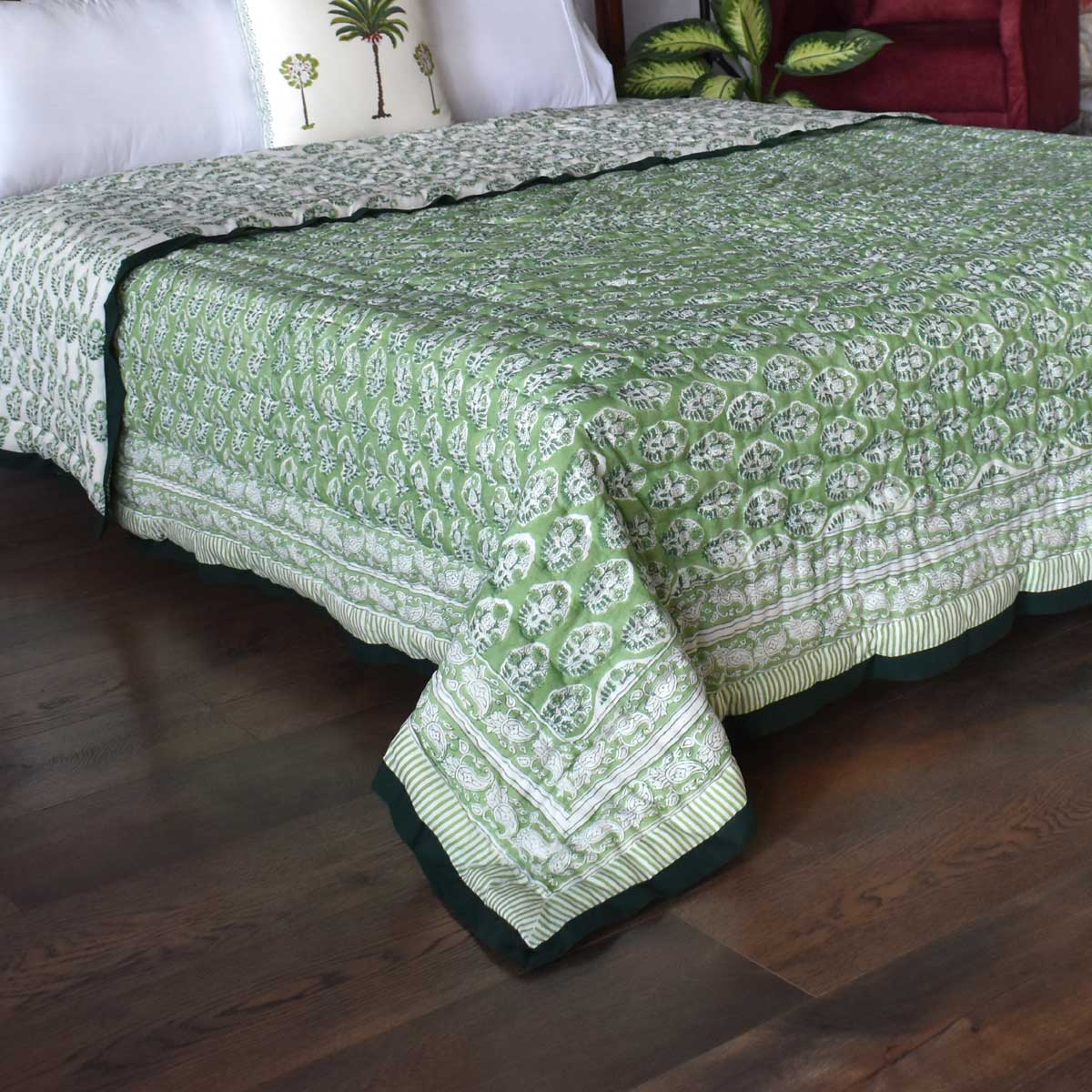 Hand Block Printed Cotton Queen Size Quilt Boota Celadon Green Gud 100673
