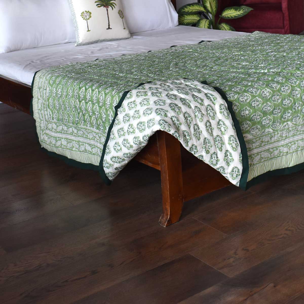 Hand Block Printed Cotton Twin Size Quilt Boota Celadon Green Gud 100673