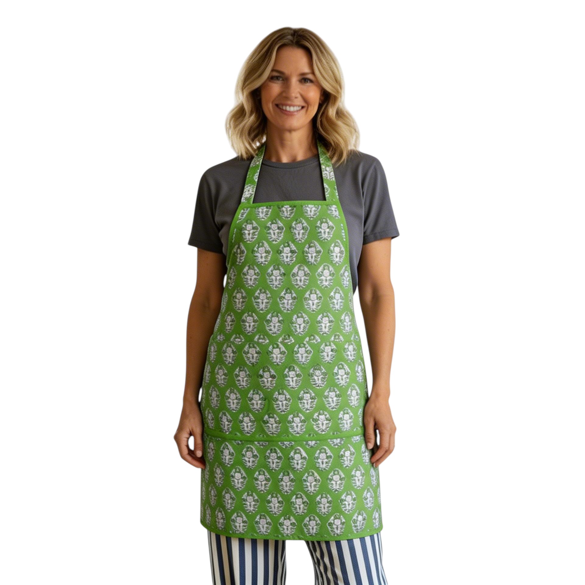 Indian Block-Printed 100 Cotton Apron Boota Celadon Green Gud 100673