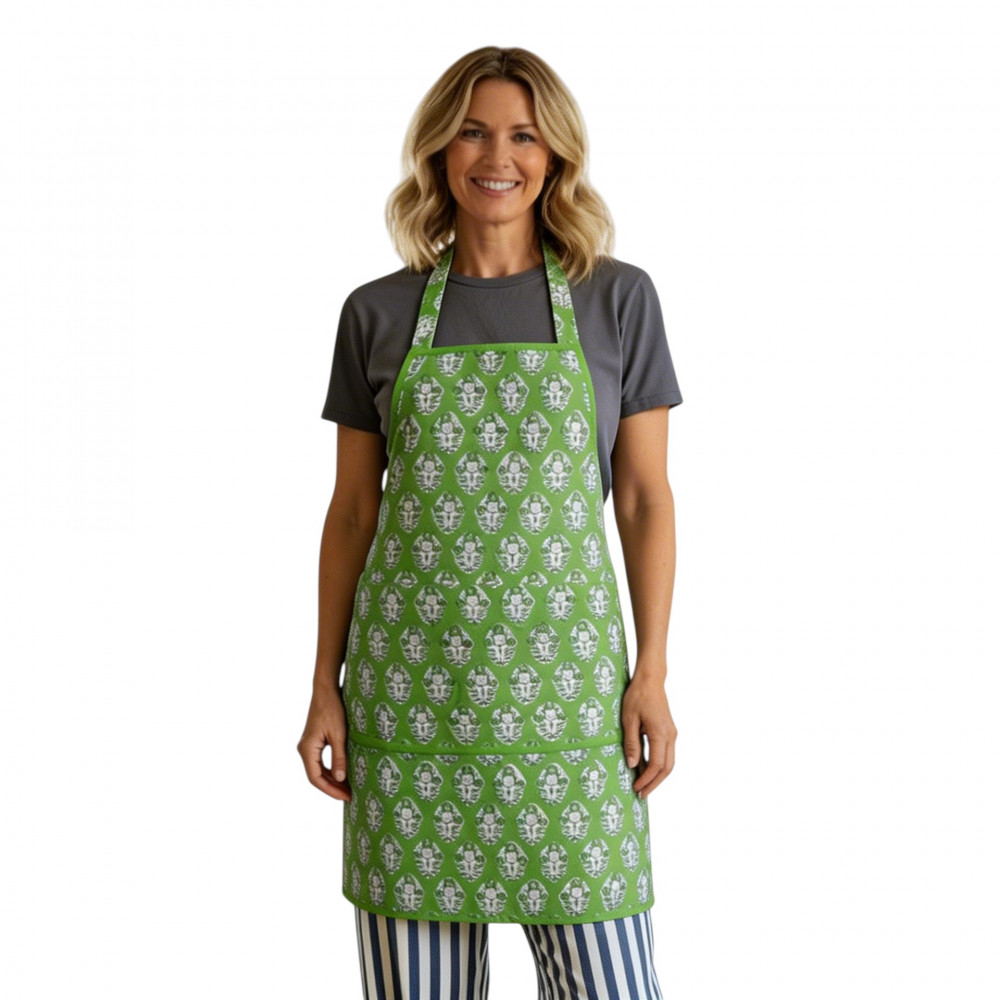 Image of Indian Block-Printed 100% Cotton Apron | Boota Celadon Green Gud 100673