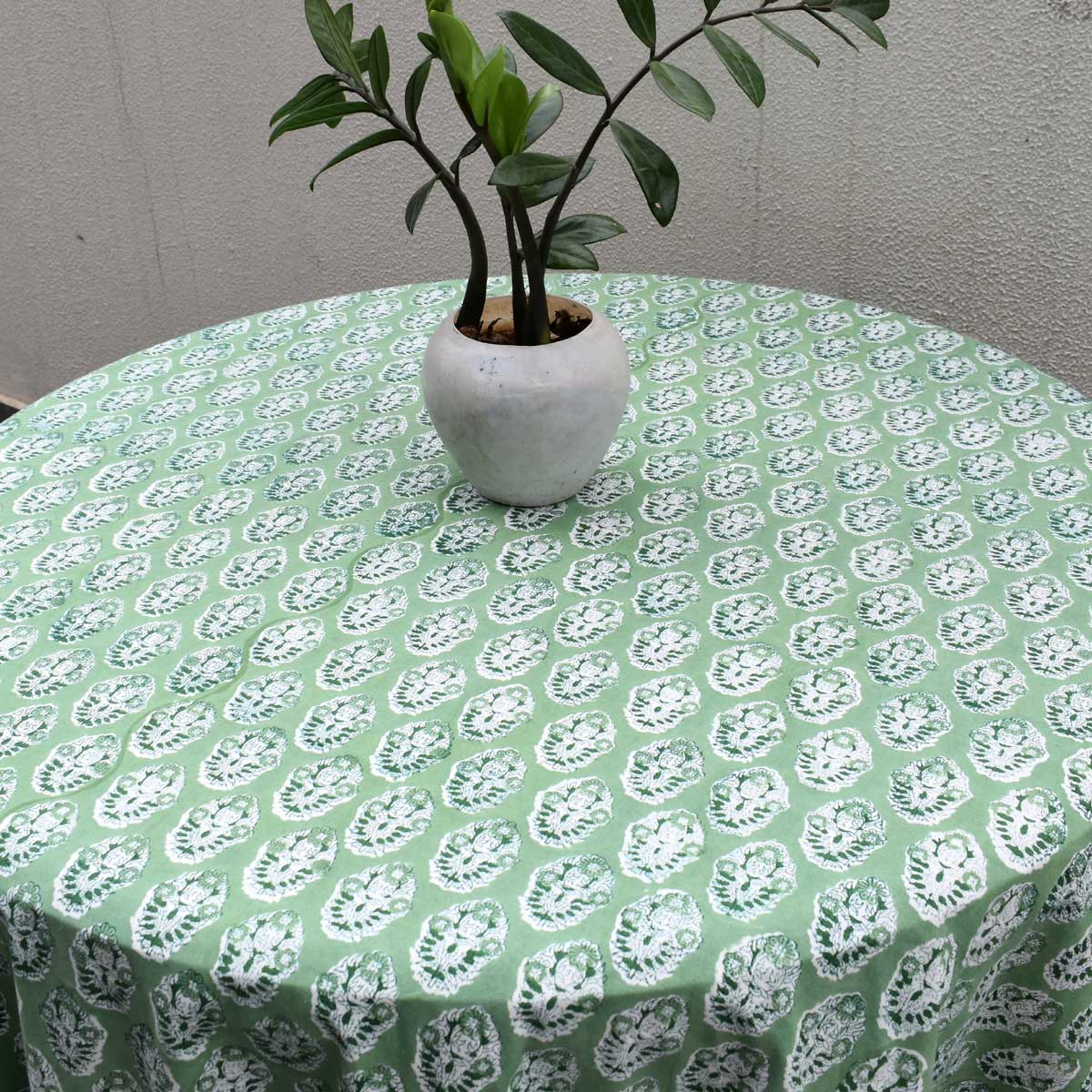 Hand Block Printed Cotton Round Tablecloth 150 cms Boota Celadon Green Gud 100673