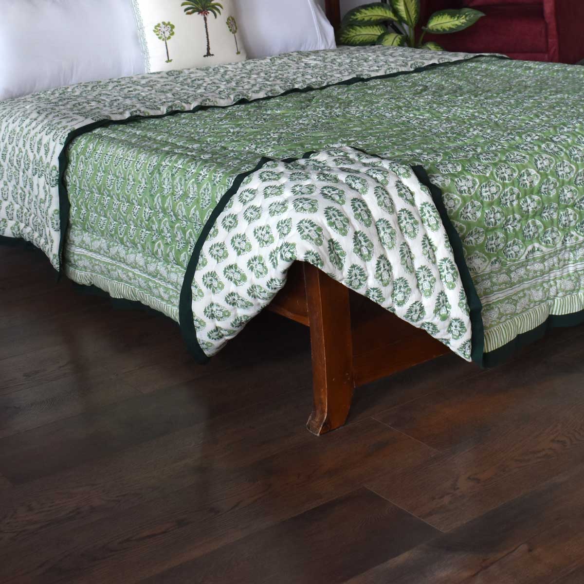Hand Block Printed Cotton Queen Size Quilt Boota Celadon Green Gud 100673