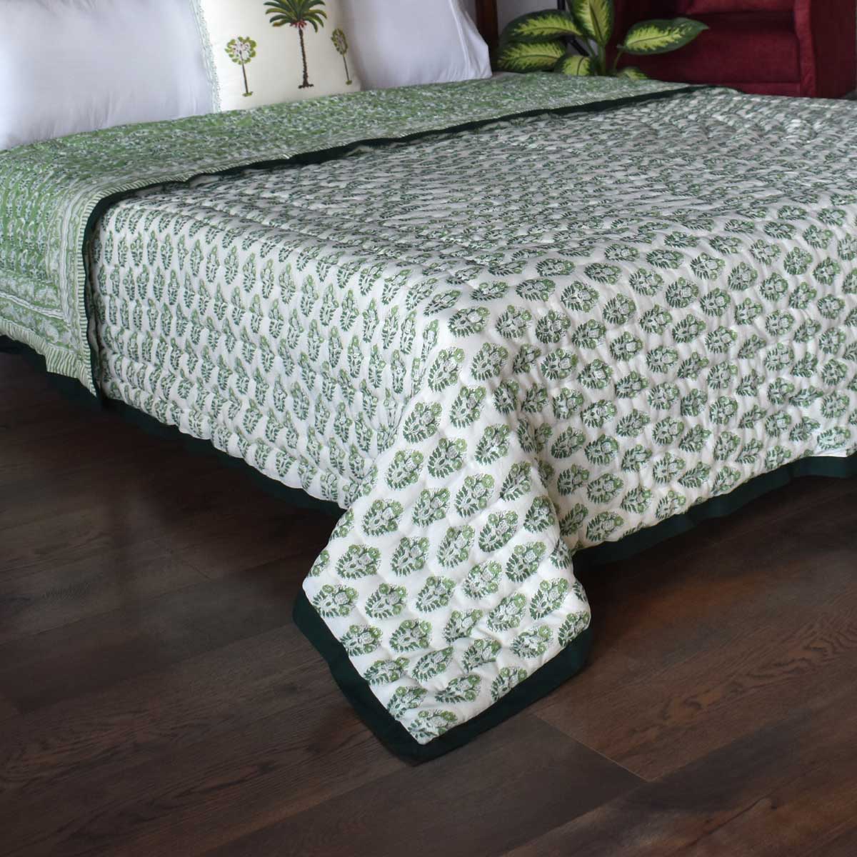 Hand Block Printed Cotton Queen Size Quilt Boota Celadon Green Gud 100673