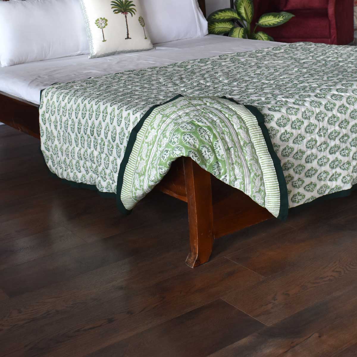 Hand Block Printed Cotton Twin Size Quilt  Boota Celadon Green Gud 100673