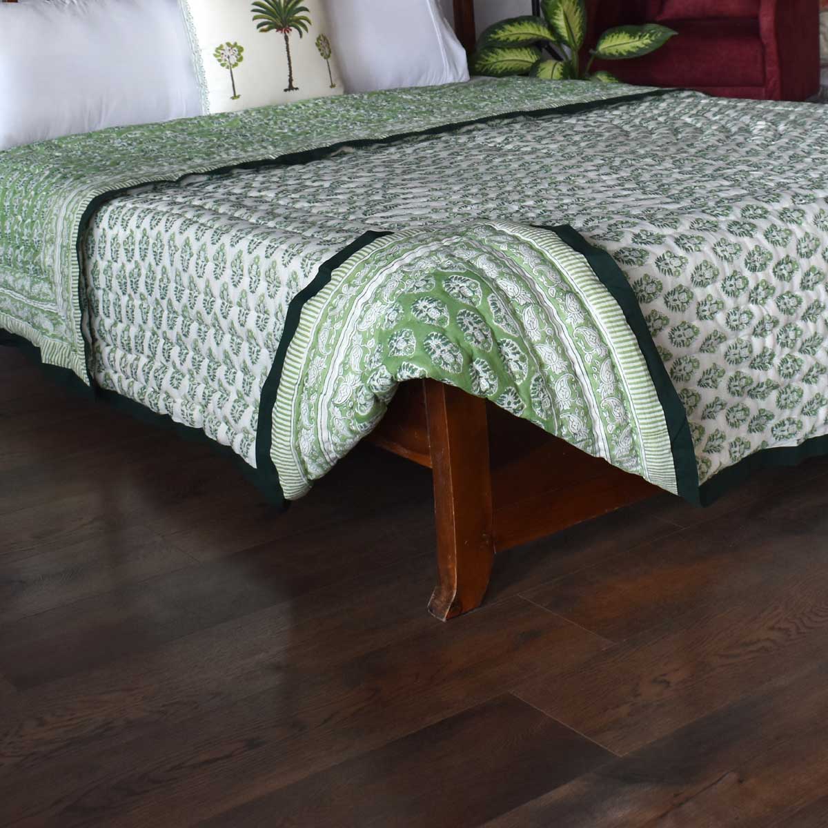Hand Block Printed Cotton Queen Size Quilt  Boota Celadon Green Gud 100673
