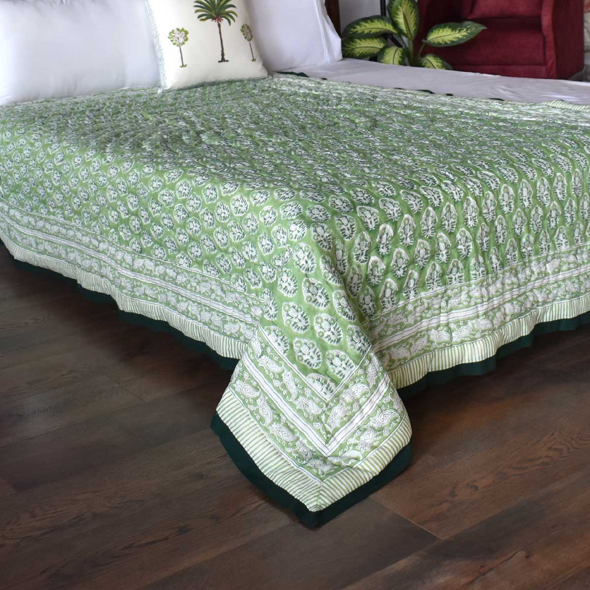 Hand Block Printed Cotton Twin Size Quilt Boota Celadon Green Gud 100673