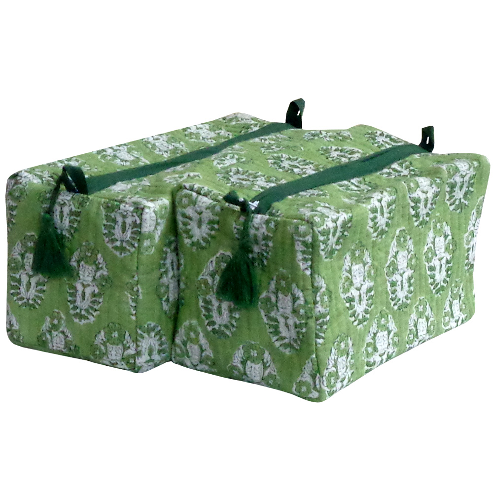 Hand Block Printed Cotton Quilted Cosmetic Bag Set of 2 Boota Celadon Green Gud 100673