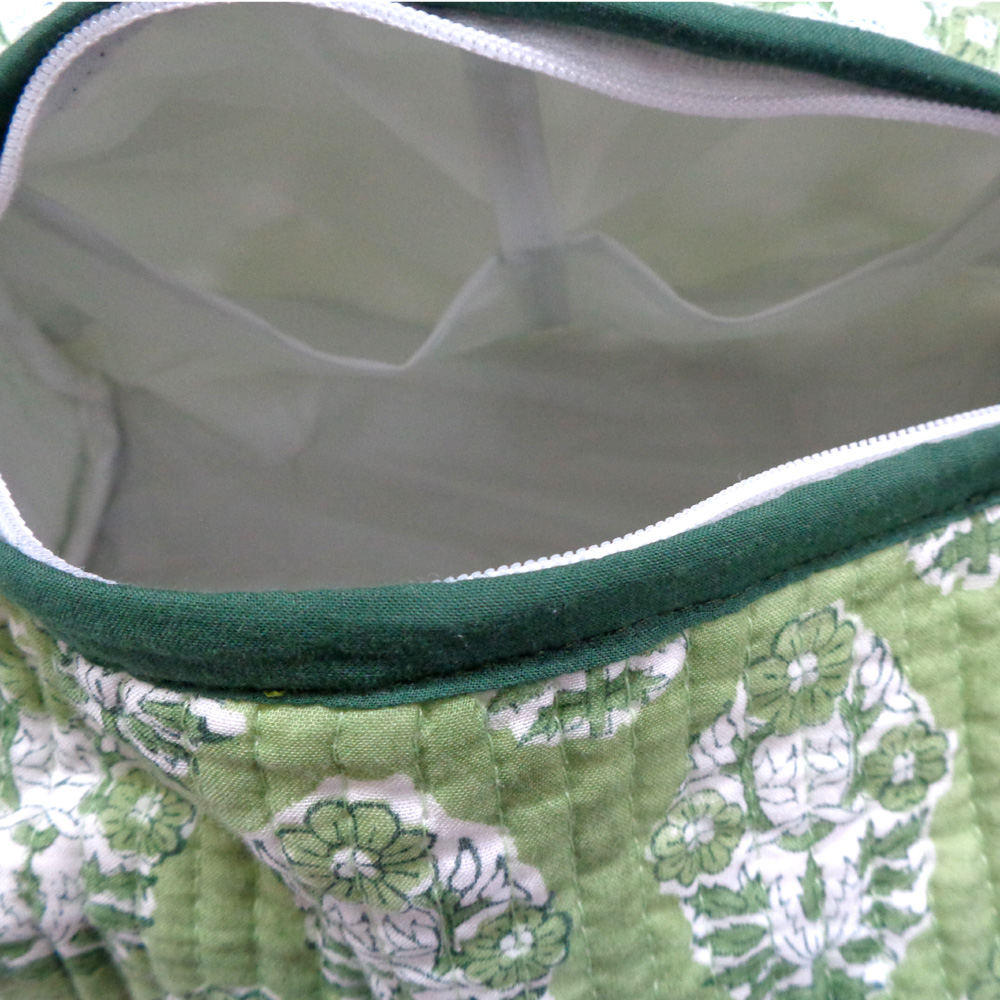 Hand Block Printed Cotton Quilted Cosmetic Bag Set of 2 Boota Celadon Green Gud 100673