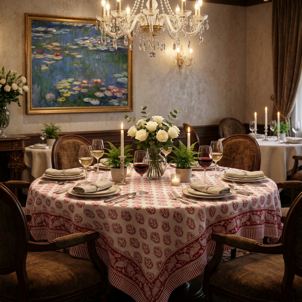 Image of Hand Block Printed Cotton Round Tablecloth 180 cms | Boota Lolipop 302334