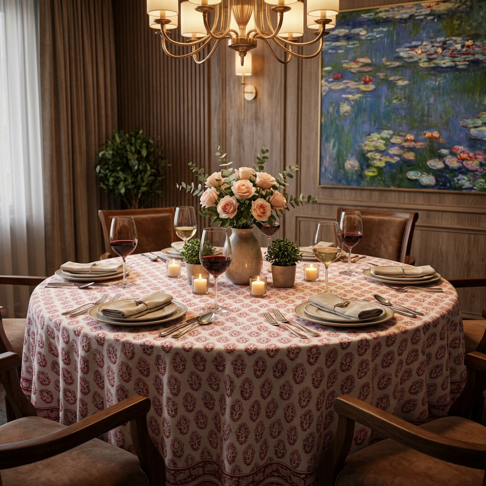 Image of Hand Block Printed Cotton Round Tablecloth 220 cms| Boota Lolipop 302334