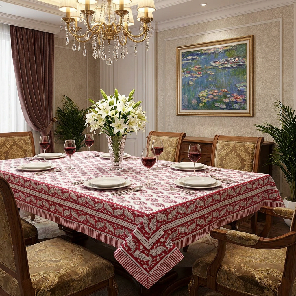 Hand Block Printed Cotton Tablecloth 150x220 cms Boota Lolipop 302334