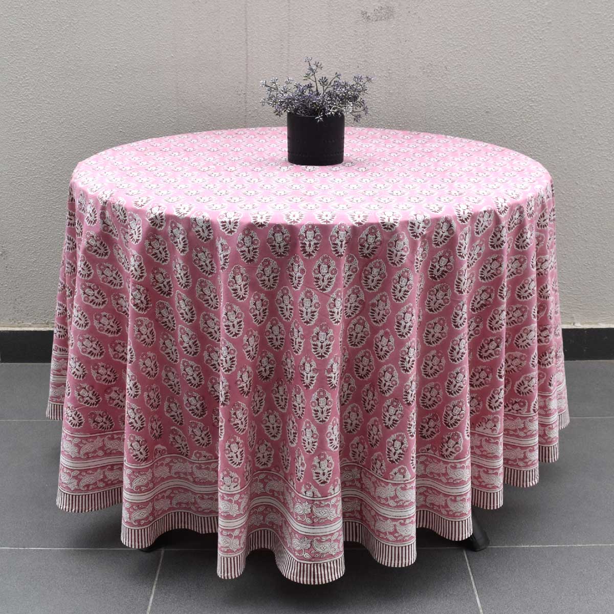 Hand Block Printed Cotton Round Tablecloth 220 cms Boota Pink Gud 202811
