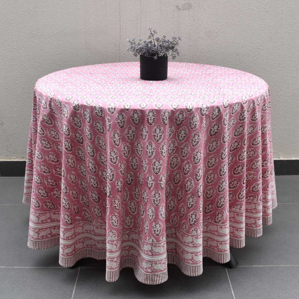 Image of Hand Block Printed Cotton Round Tablecloth 220 cms| Boota Pink Gud 202811