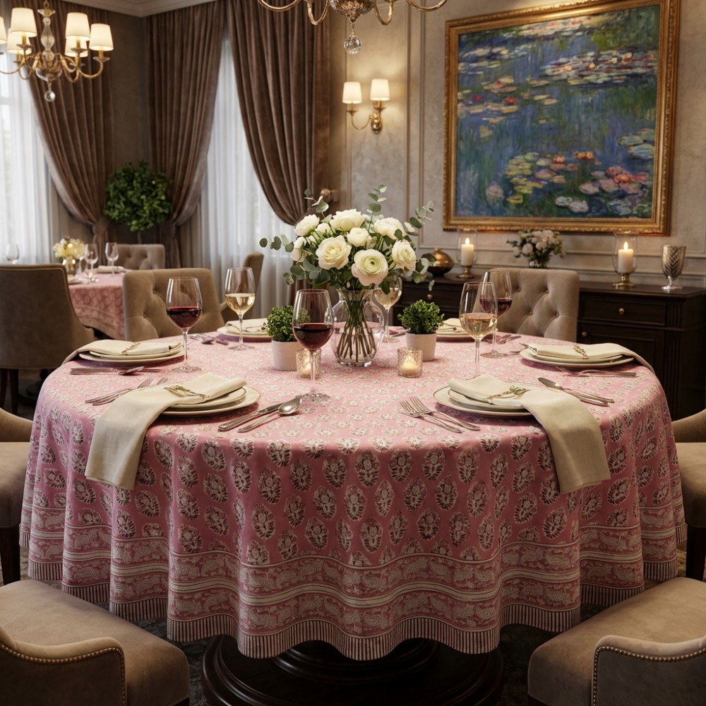 Image of Hand Block Printed Cotton Round Tablecloth 220 cms| Boota Pink Gud 202811