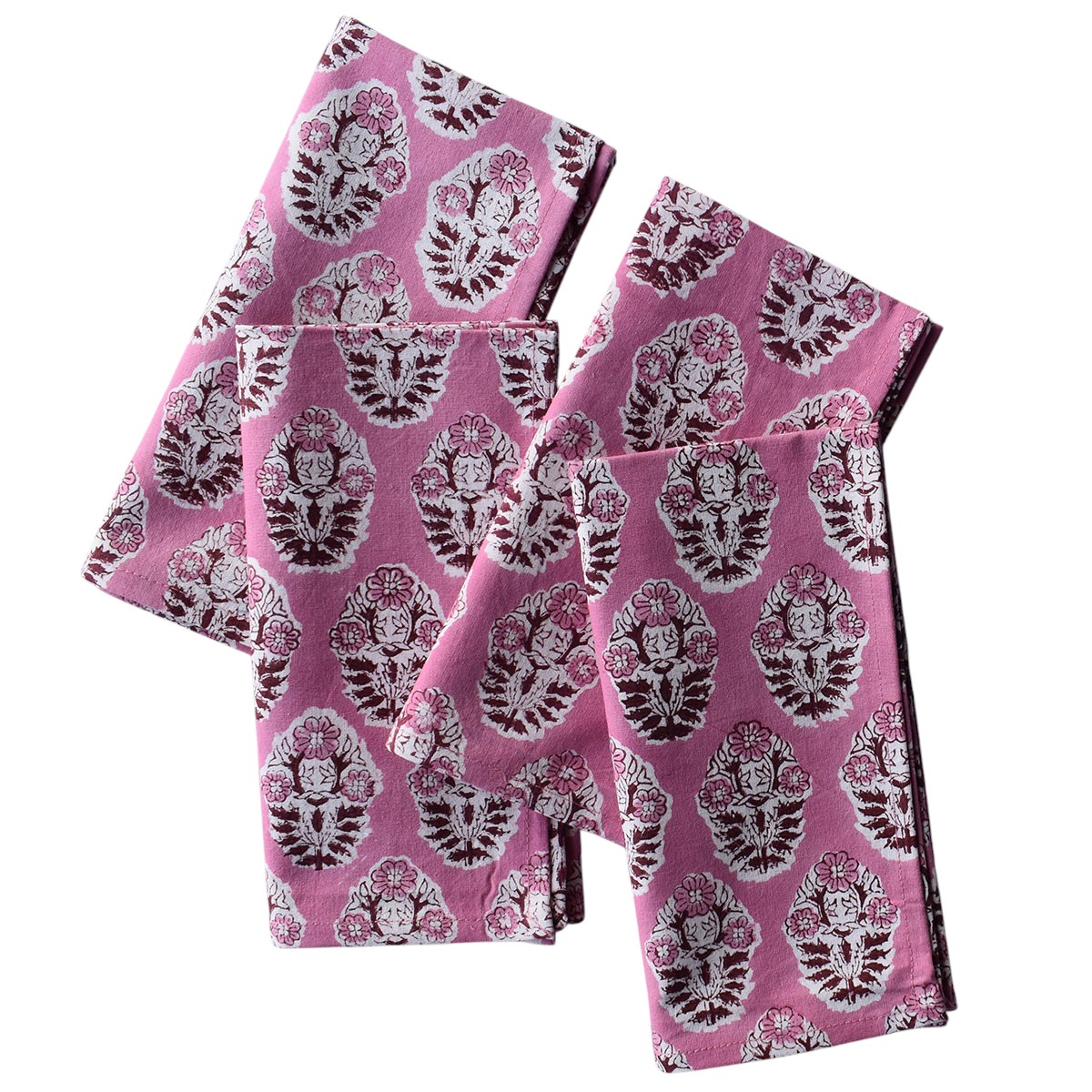 Hand Block Printed Cotton Napkin 45x45 cms Set of 4 Napkins Boota Pink Gud 202811