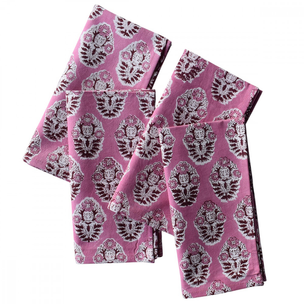 Image of Hand Block Printed Cotton Napkin 45x45 cms (Set of 4 Napkins) | Boota Pink Gud 202811