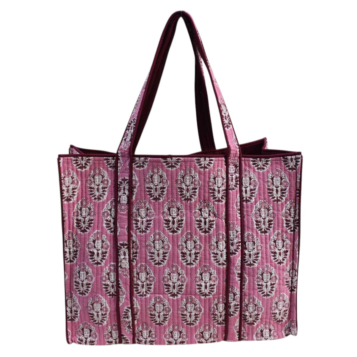 Hand Block Printed Cotton Quilted Tote Bag Boota Pink Gud 202811