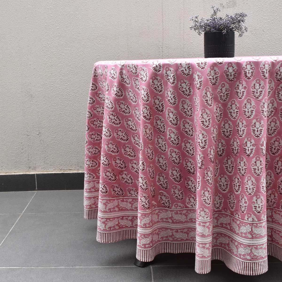 Hand Block Printed Cotton Round Tablecloth 220 cms Boota Pink Gud 202811
