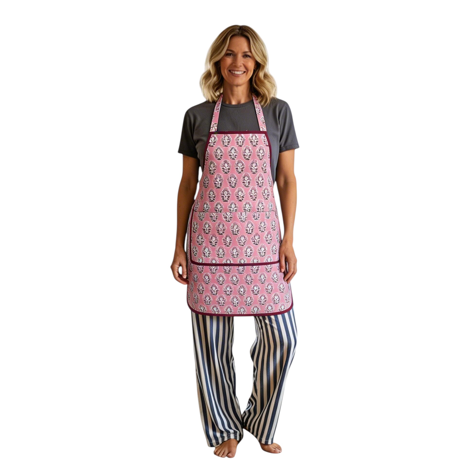 Indian Block-Printed 100 Cotton Apron Boota Pink Gud 202811