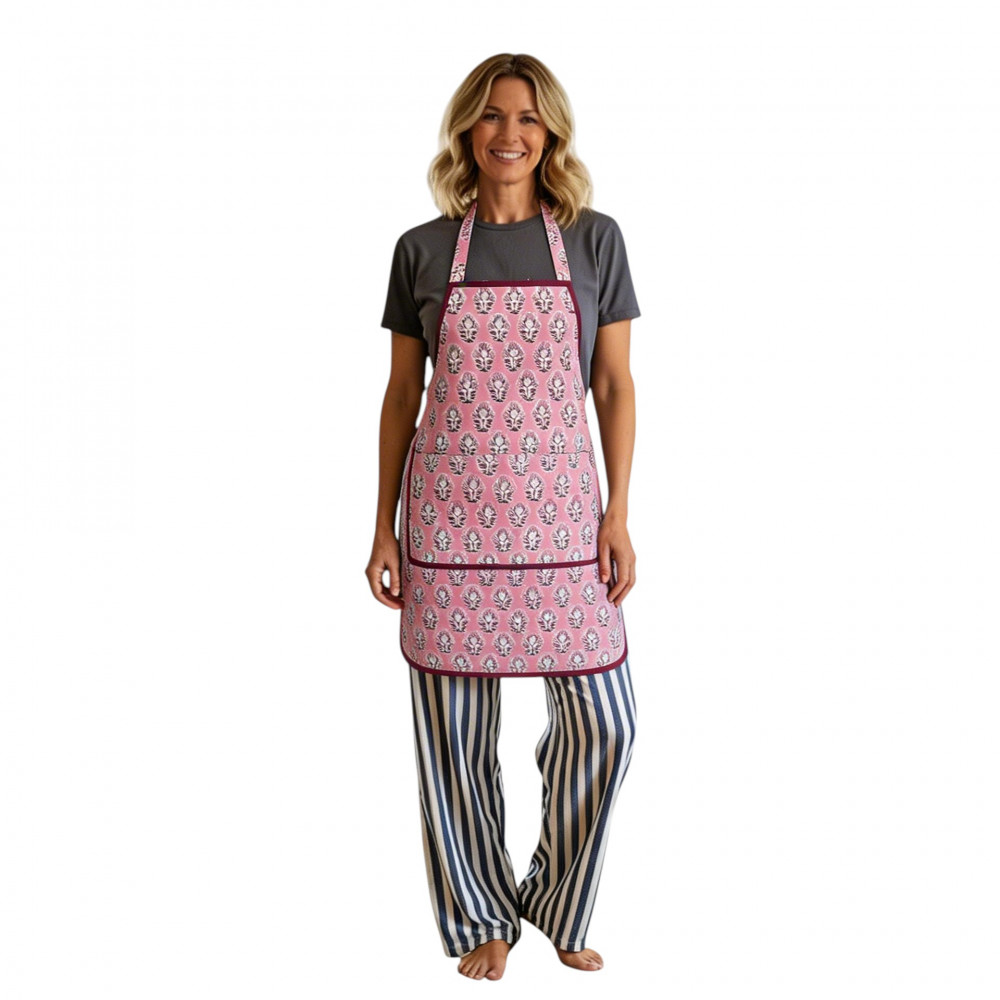 Image of Indian Block-Printed 100% Cotton Apron | Boota Pink Gud 202811