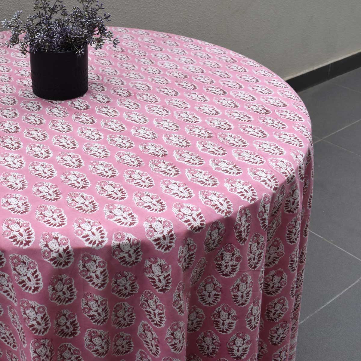 Hand Block Printed Cotton Round Tablecloth 220 cms Boota Pink Gud 202811