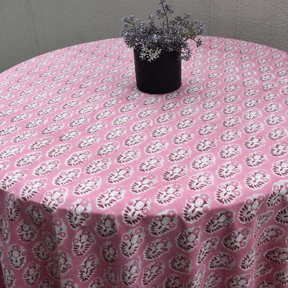 Hand Block Printed Cotton Round Tablecloth 220 cms Boota Pink Gud 202811