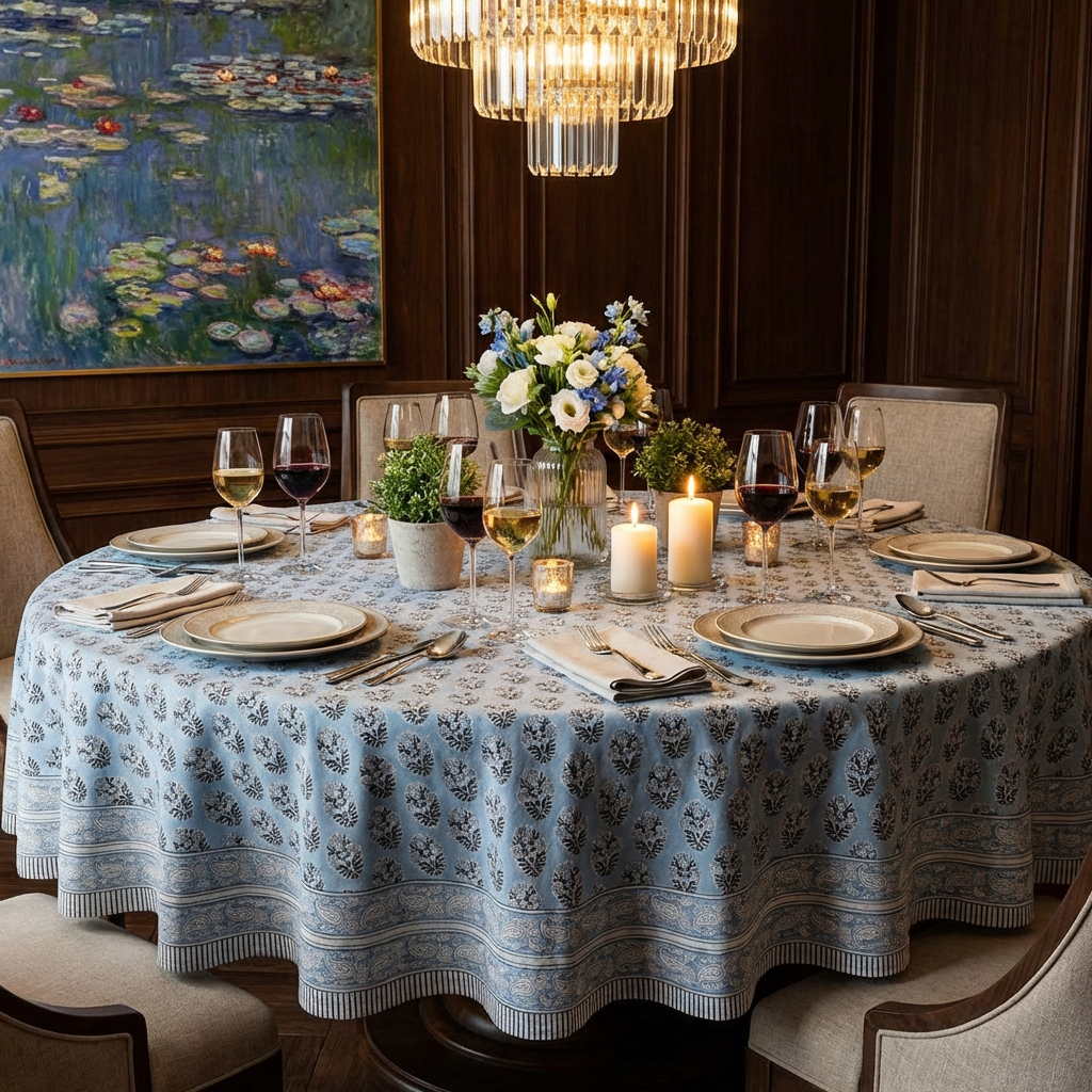 Hand Block Printed Cotton Round Tablecloth 220 cms Boota Starlight Gud 208645