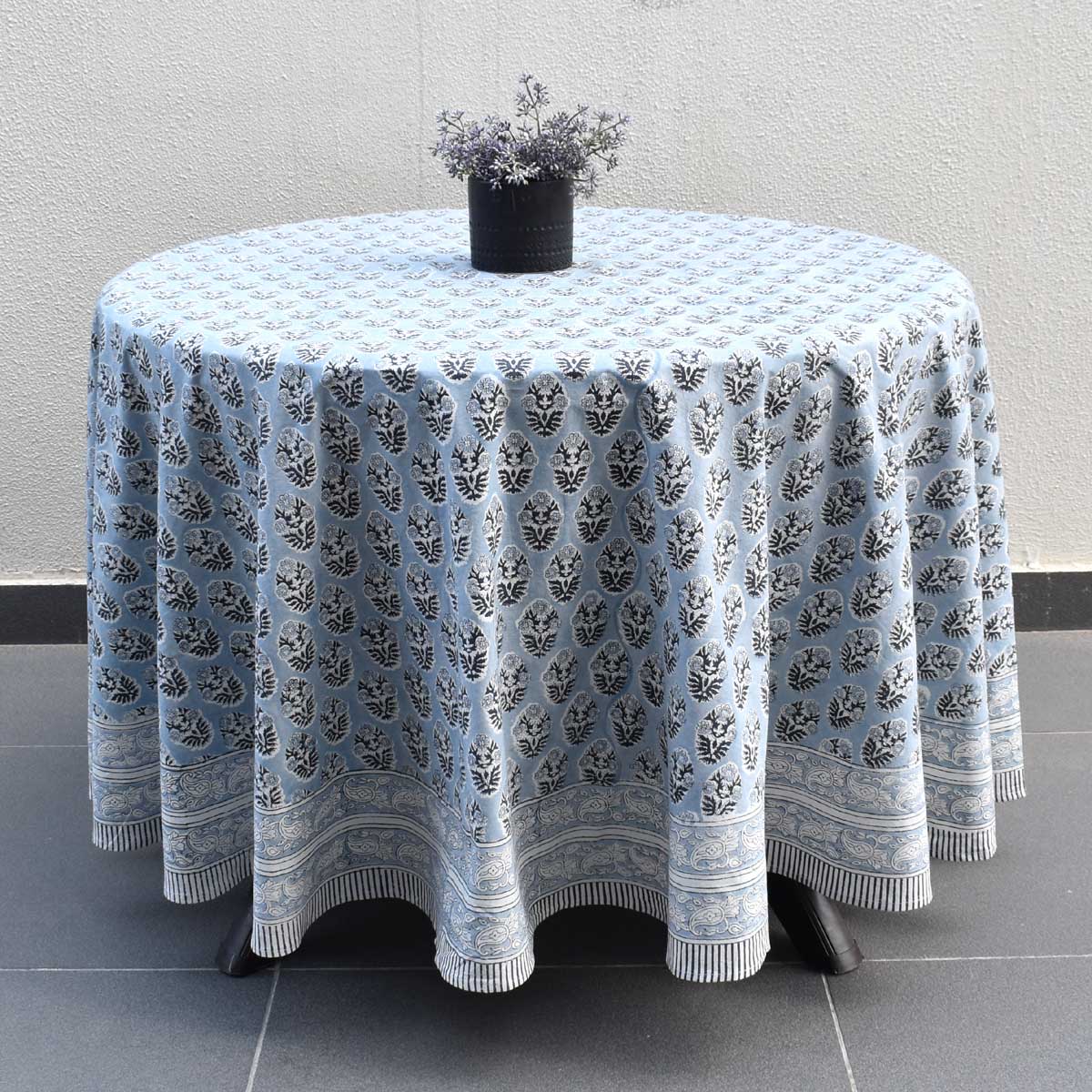 Hand Block Printed Cotton Round Tablecloth 220 cms Boota Starlight Gud 208645