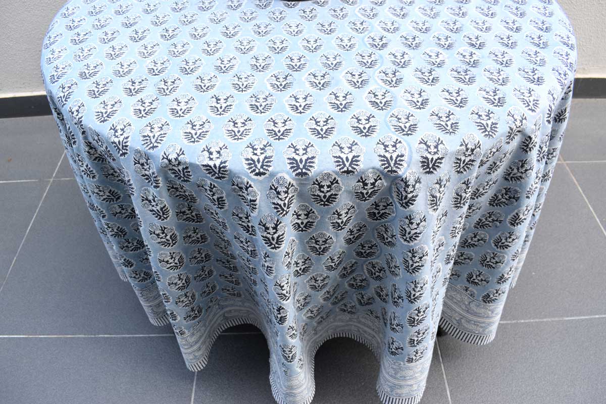 Hand Block Printed Cotton Round Tablecloth 220 cms Boota Starlight Gud 208645