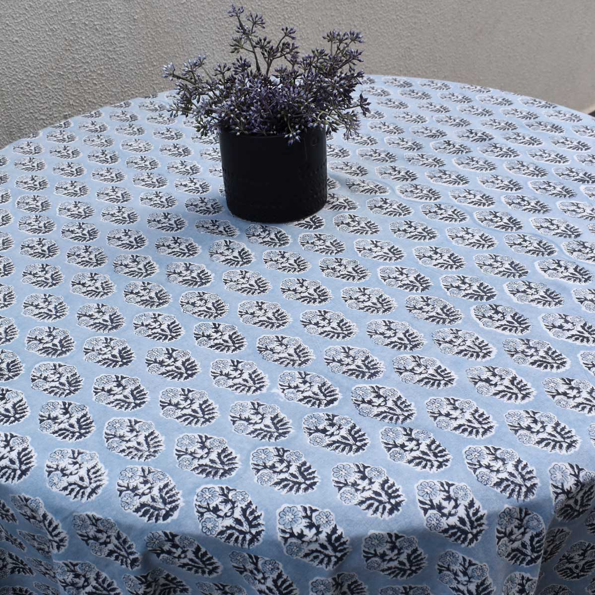 Hand Block Printed Cotton Round Tablecloth 220 cms Boota Starlight Gud 208645
