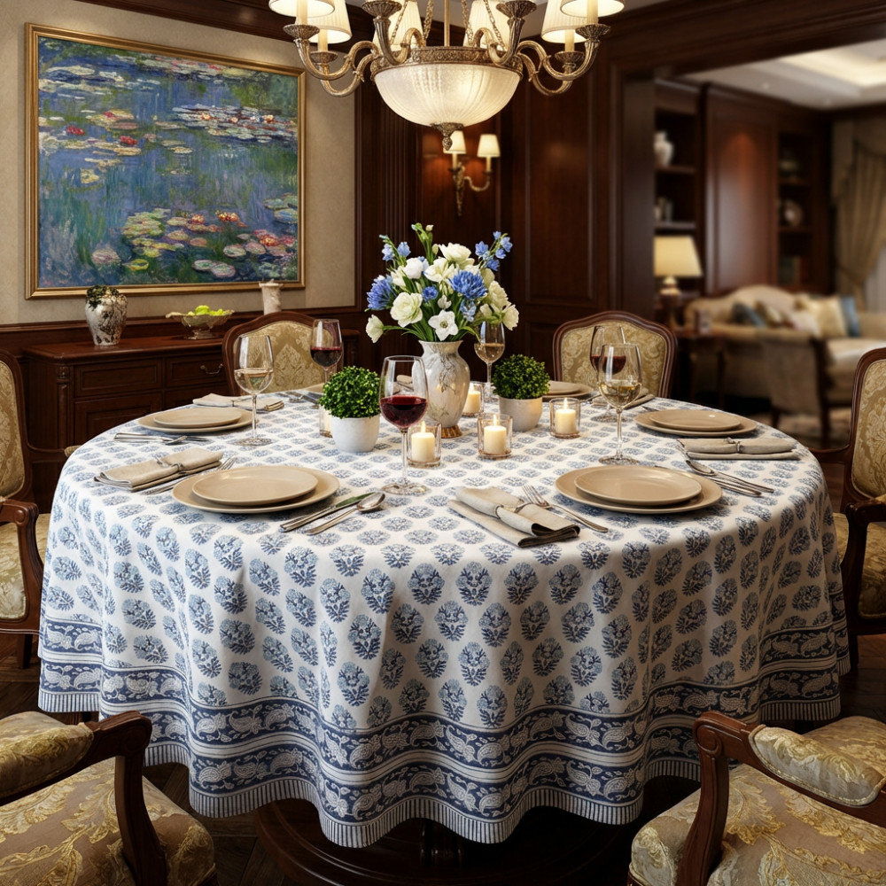 Image of Hand Block Printed Cotton Round Tablecloth 180 cms | Boota Starlight Open 208647