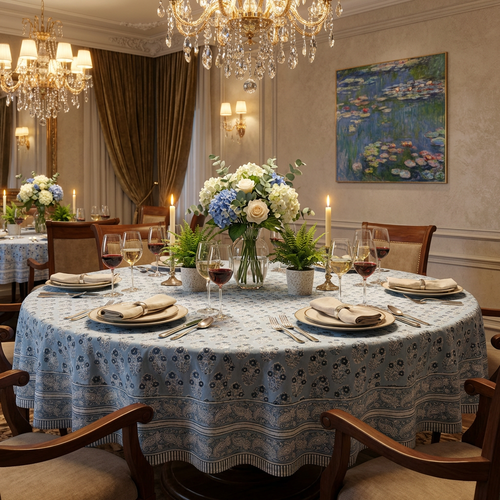 Hand Block Printed Cotton Round Tablecloth 220 cms Boota Starlight Patti Gud 202505