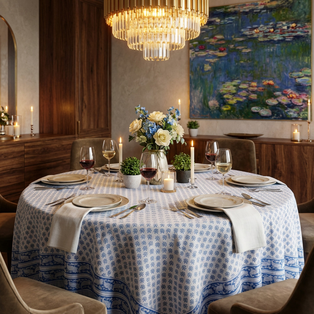 Image of Hand Block Printed Cotton Round Tablecloth 220 cms| Booti Blue 400385