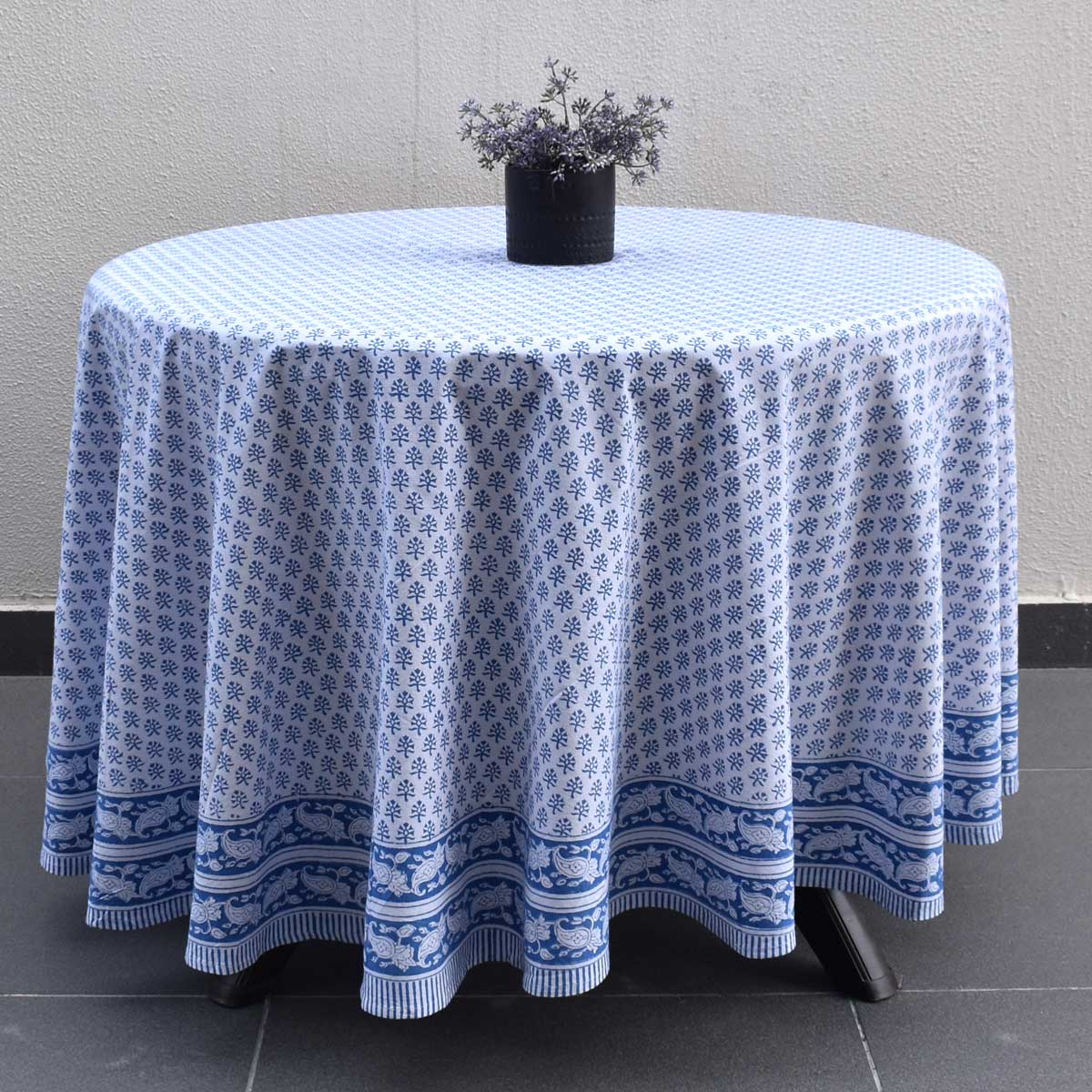 Hand Block Printed Cotton Round Tablecloth 220 cms Booti Blue 400385