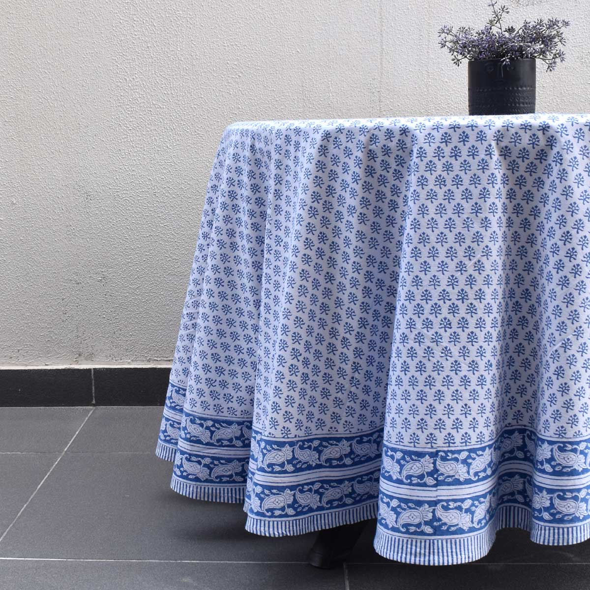 Hand Block Printed Cotton Round Tablecloth 220 cms Booti Blue 400385