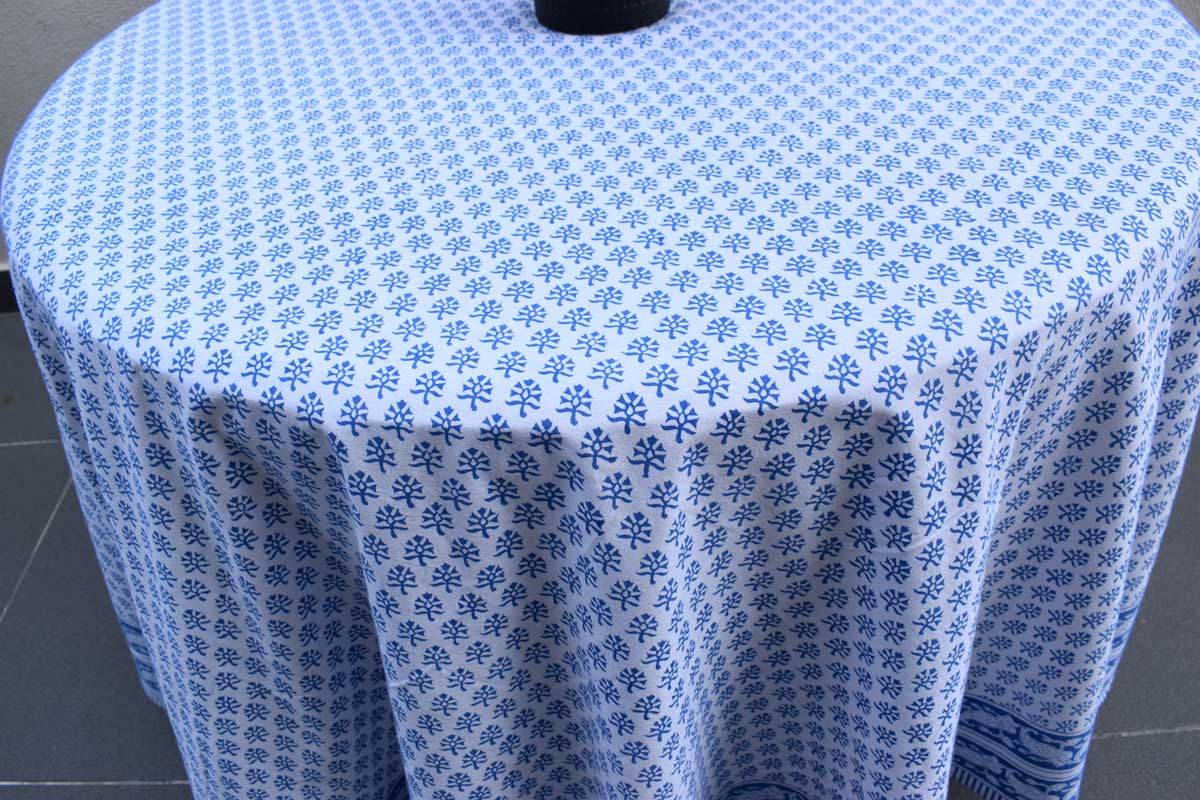 Hand Block Printed Cotton Round Tablecloth 220 cms Booti Blue 400385
