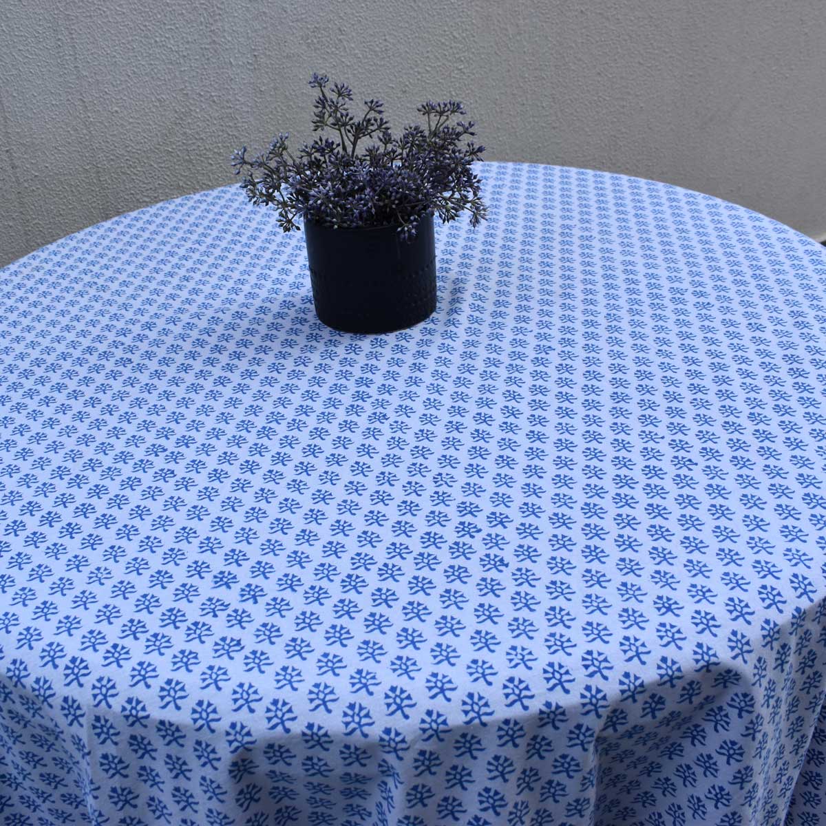 Hand Block Printed Cotton Round Tablecloth 220 cms Booti Blue 400385